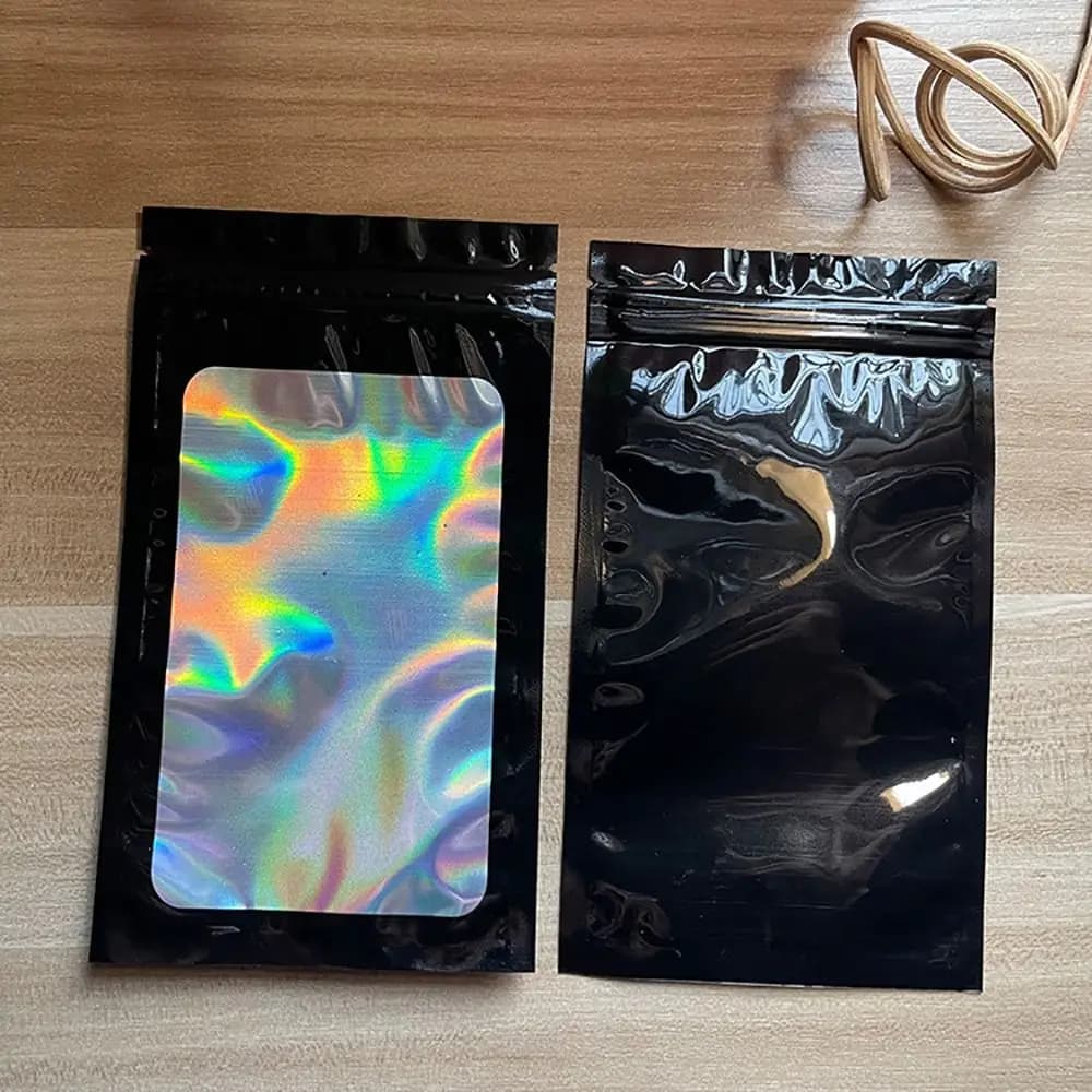 50 Pezzi Sacchetti Olografici Laser Colorati Richiudibili con Zip, Buste in Plastica Anti-odore Spesse per Imballaggio