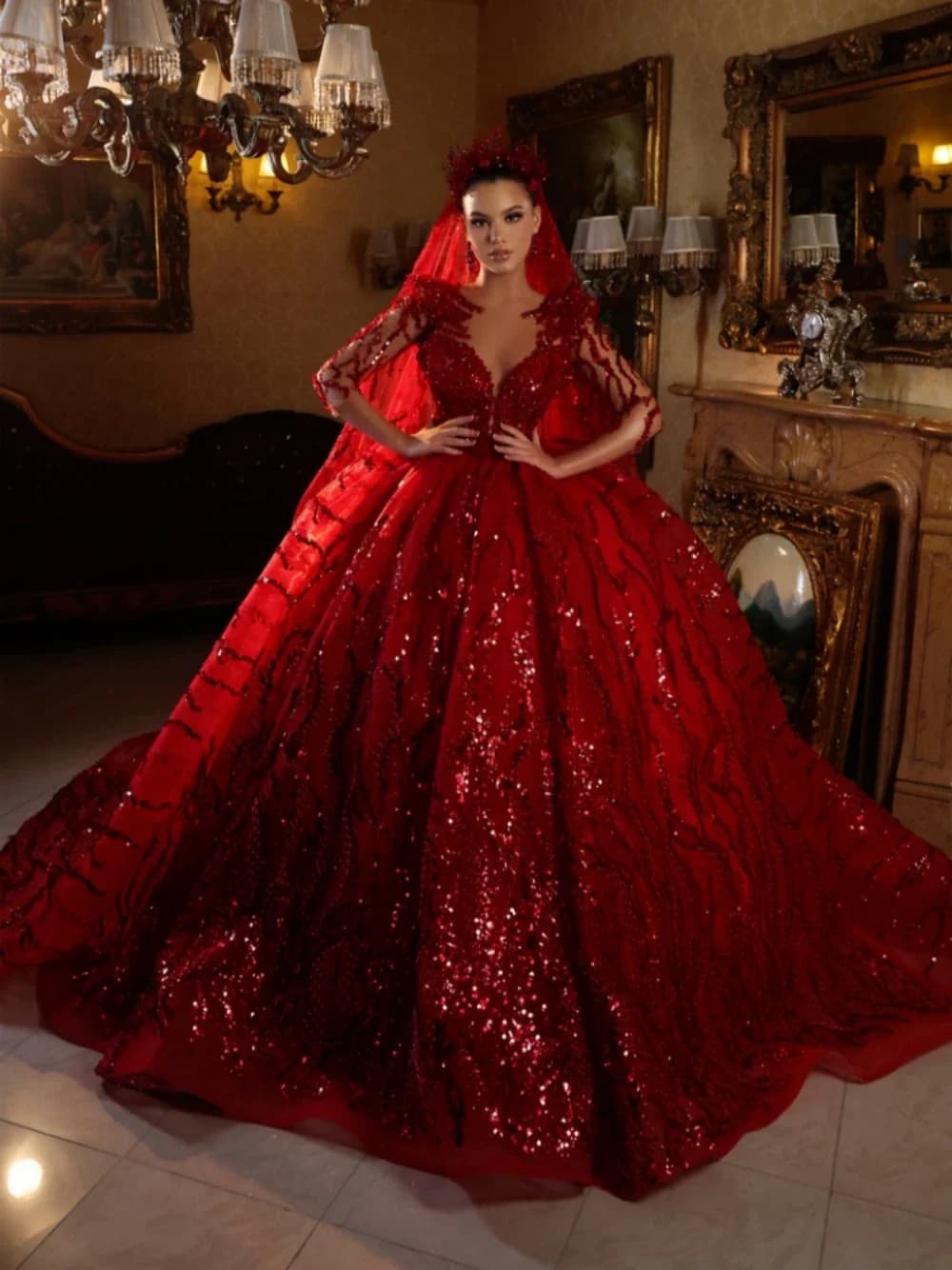 Abito da Sposa Personalizzato 2026 Classico con Scollo a V e Maniche a Tre Quarti, Vestito da Sposa con Paillettes Scintillanti, Lussuoso Abito da Sposa Rosso, Vestidos De Novia