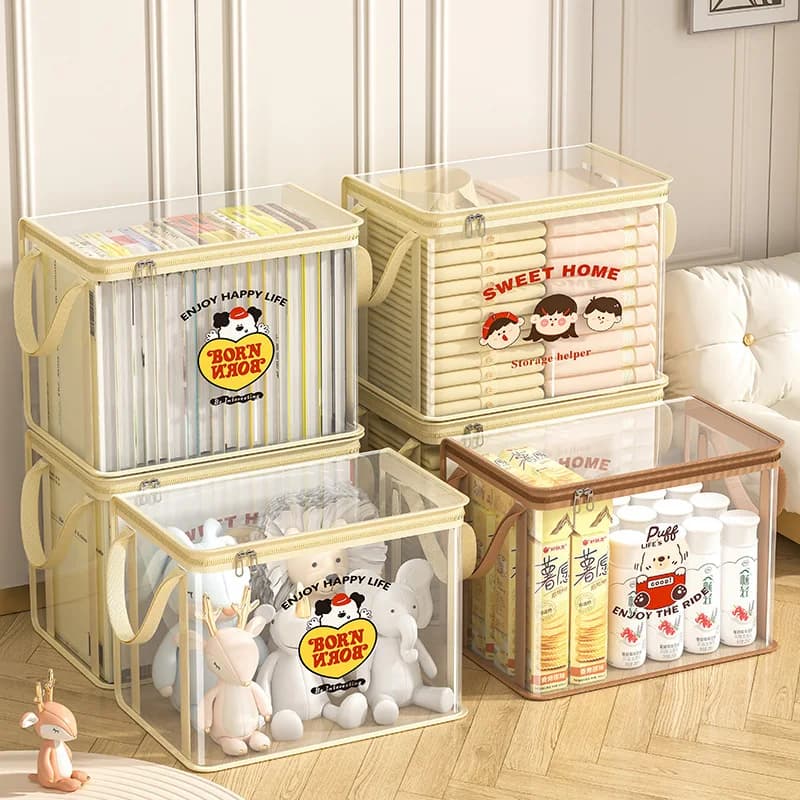 Waterproof Material Cartoon Transparent PVC Storage Box with Dust Cover - Large Capacity Folding Design for Toys and Clothes