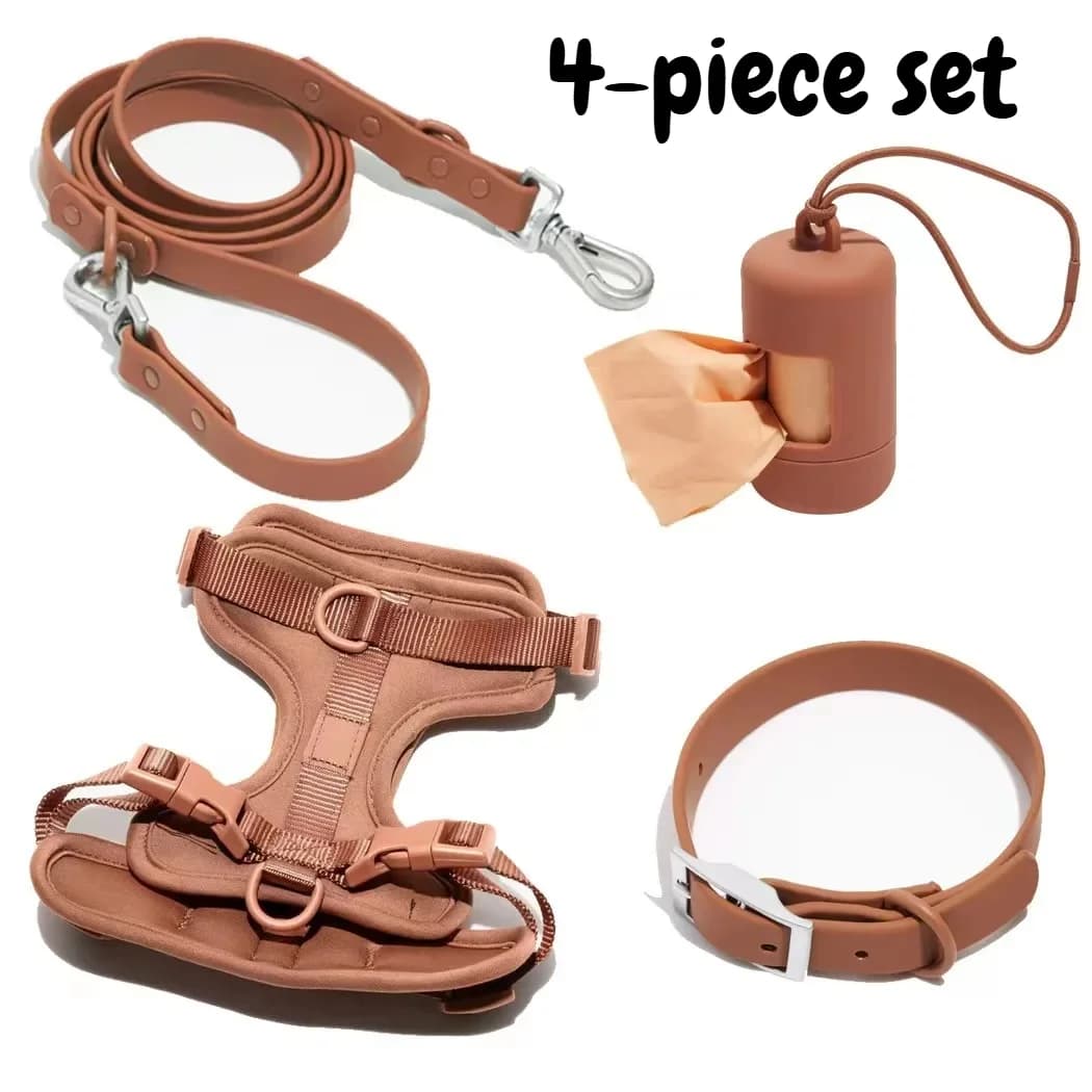4-Piece Set Dog Harness Leash Collar Adjustable Waterproof Easy To Clean Dog Vest Harness With Dog Poop Bag Holder