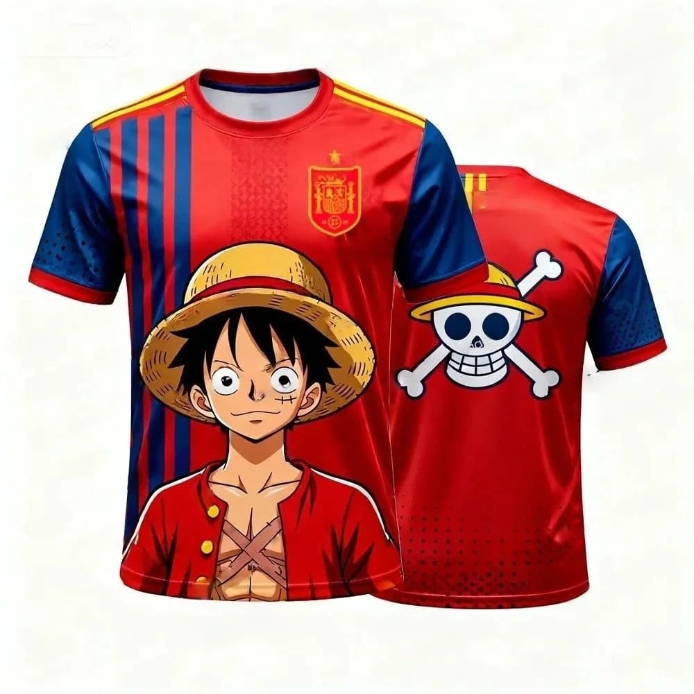 New One Piece Luffy Spain National Team 3D Quick Dry T-Shirt for Men Women Kids Anime Football Tee Outdoor Sportswear