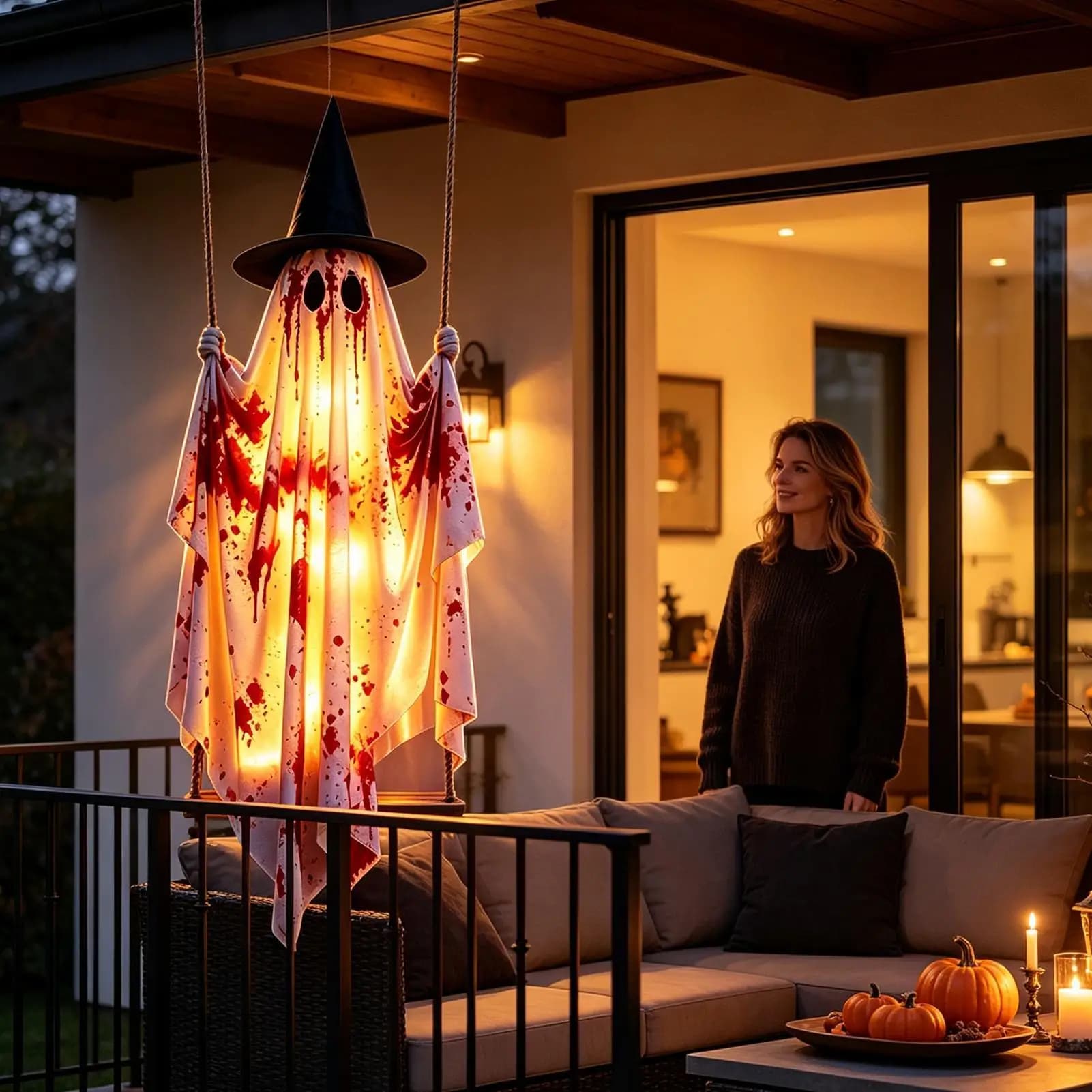 Outdoor Halloween Ghost with Remote Control String Lights Hangable Ghost Swing Ornament for Garden Porch Courtyard Patio Tree
