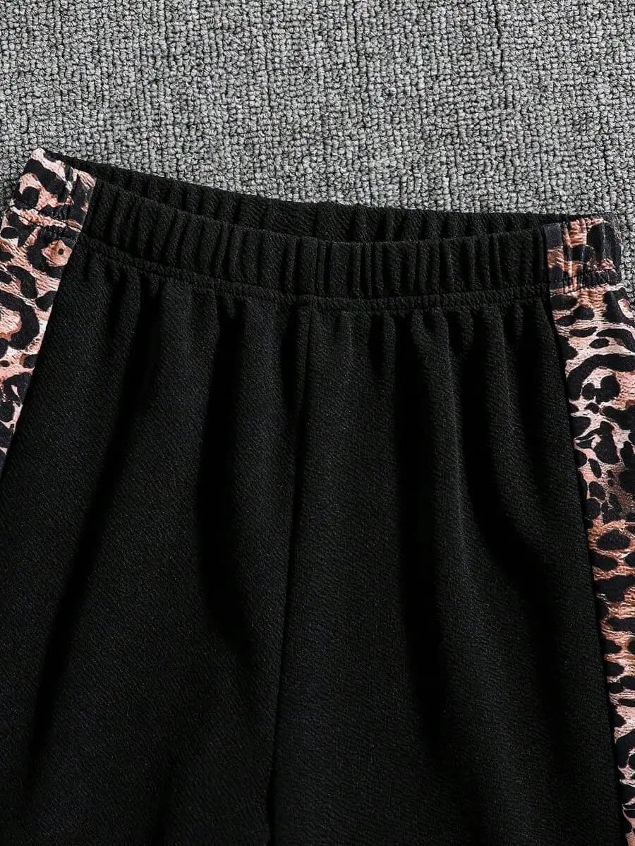 3pcs Set Leopard Print Sporty Casual Outfit: T-Shirt Hoodie Pants With Elastic Waist