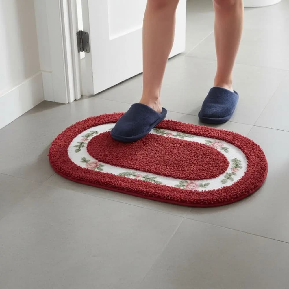 Romantic Fluffy Rose Pattern Door Mat Absorbent Pastoral Style Oval Floor Rug Nonslip Thickened Bath Mat Entryway