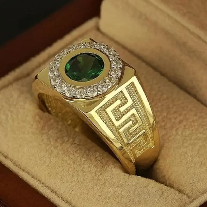 Anello classico color oro da uomo alla moda lussuosamente intarsiato con anelli in pietra verde per uomo, anello nuziale per feste, regalo di anniversario