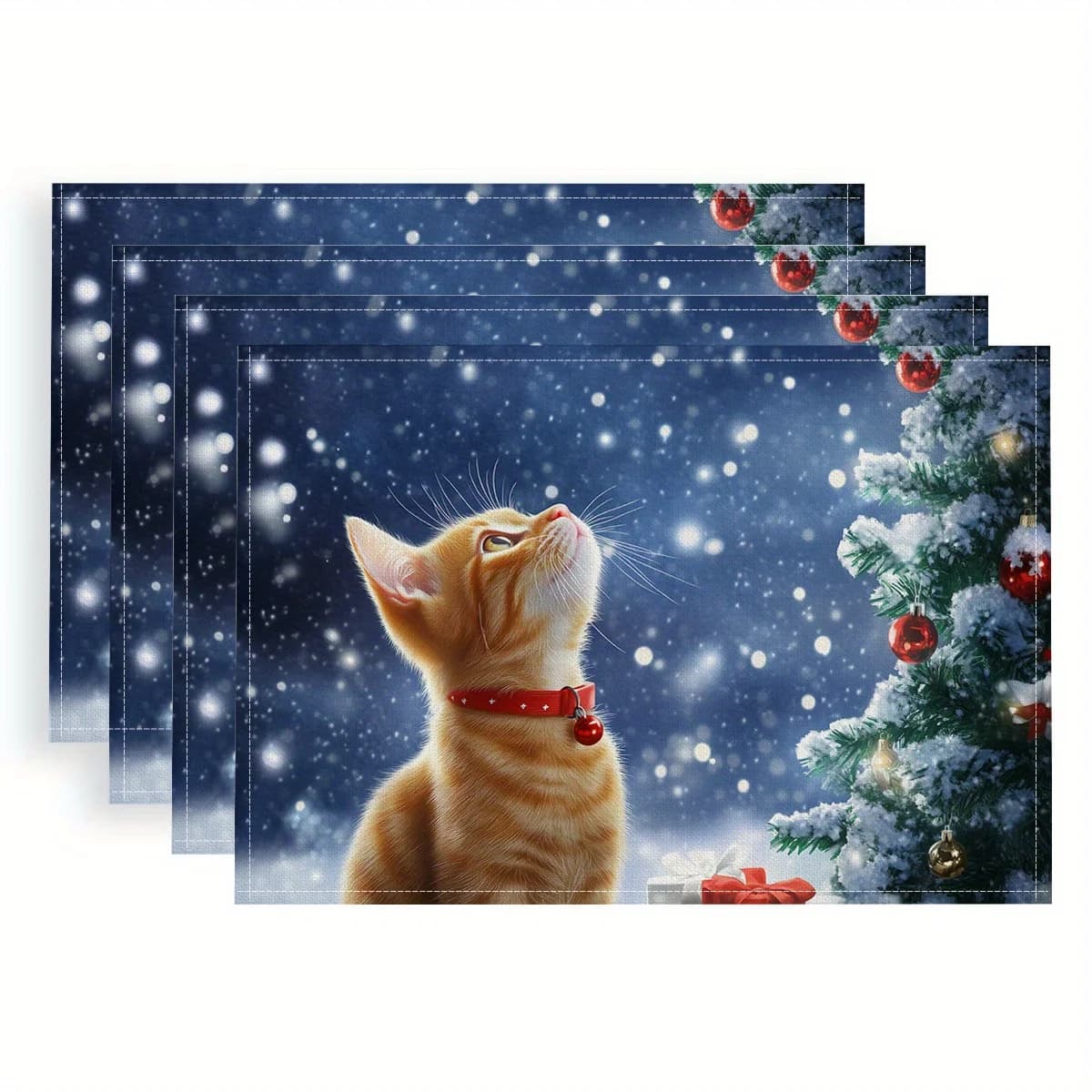Tovagliette natalizie con fiocchi di neve e albero di gatto e modelli regalo, tessuto in poliestere, stampa digitale, tavolo natalizio dimensioni 45x30 cm