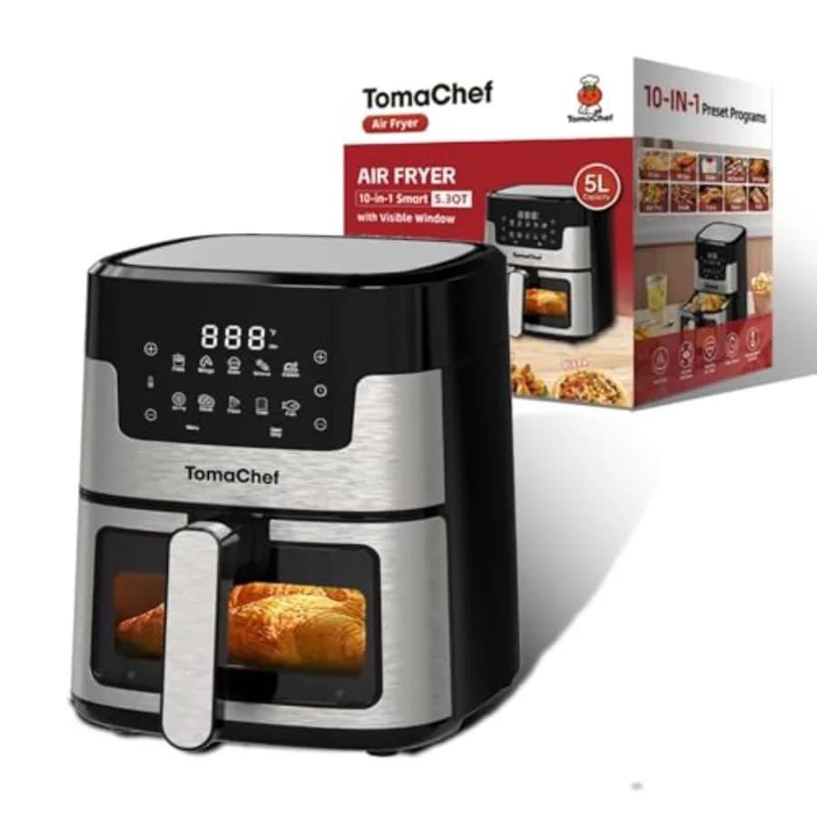 Friggitrice ad Aria Compatta 10-in-1 da 5,3QT Senza Olio con Finestra Visibile per Patatine Fritte, Pesce, Torte e Cottura Fai-da-te Sana, Controllo Digitale