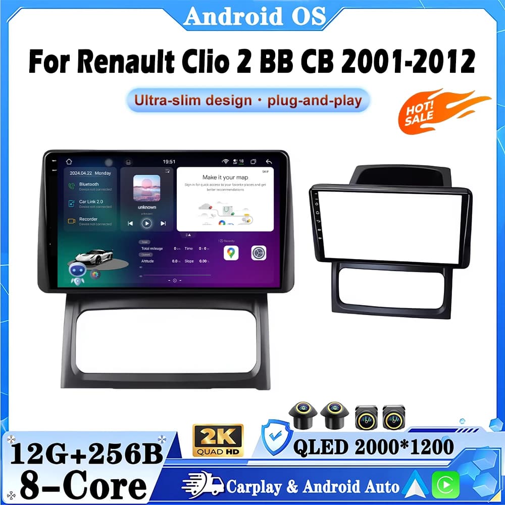 Autoradio Android 16 da 9 pollici per Renault Clio 2 BB CB 2001 2002-2012 con Carplay, Video, GPS, 4G, 8 Core, Lettore Multimediale