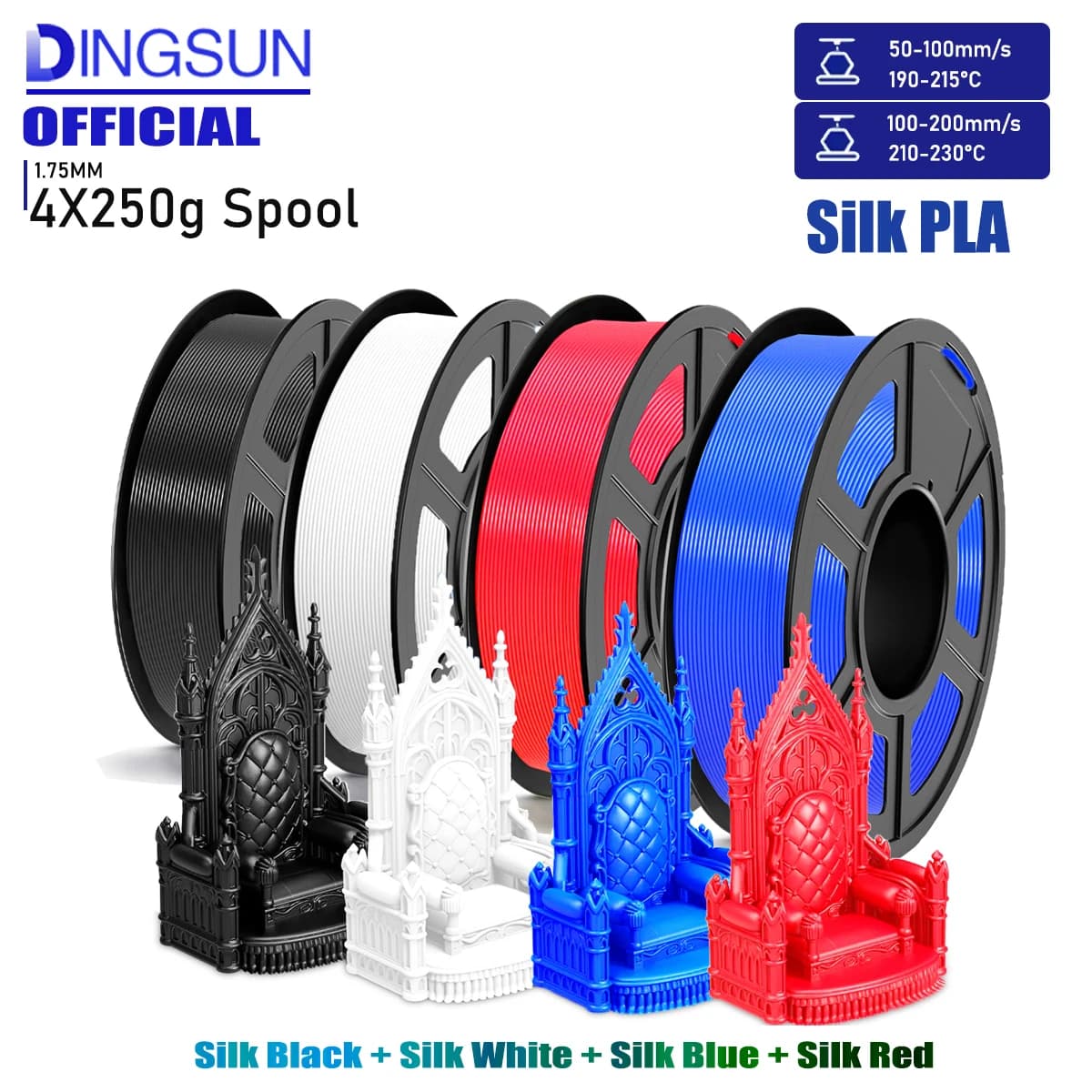 SILK PLA 1.75mm 3D Filament, Multiple Weights, Reusable Spool, High Toughness, ±0.02mm, 4 Colors(Black/White/Blue/Red)