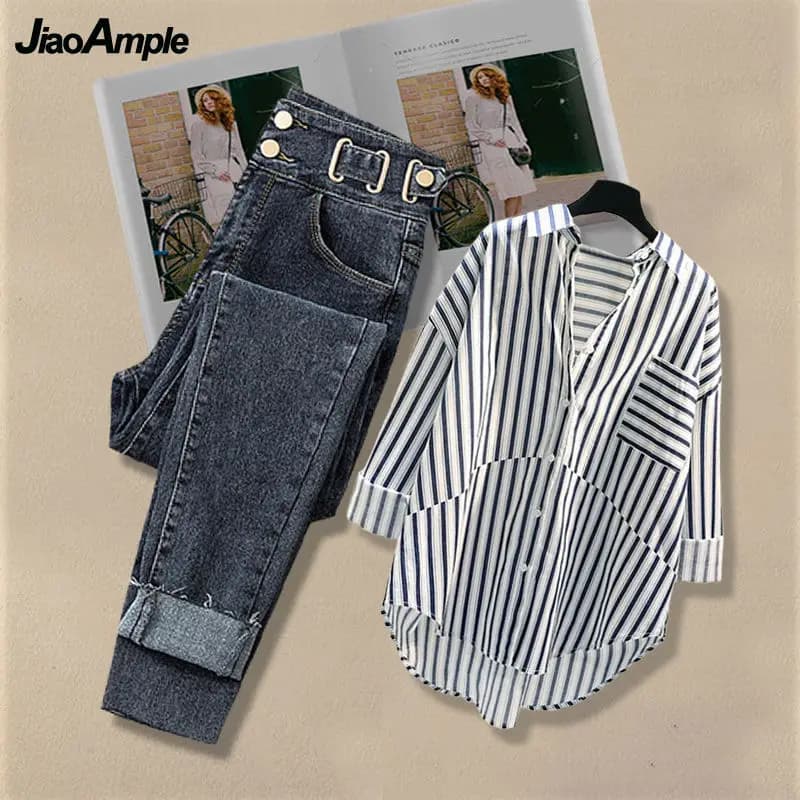 Women's co-ordinated suit Spring/Summer 2026: Korean elegant striped shirt + Jeans, Two-piece women's set with wide blouse and denim pants