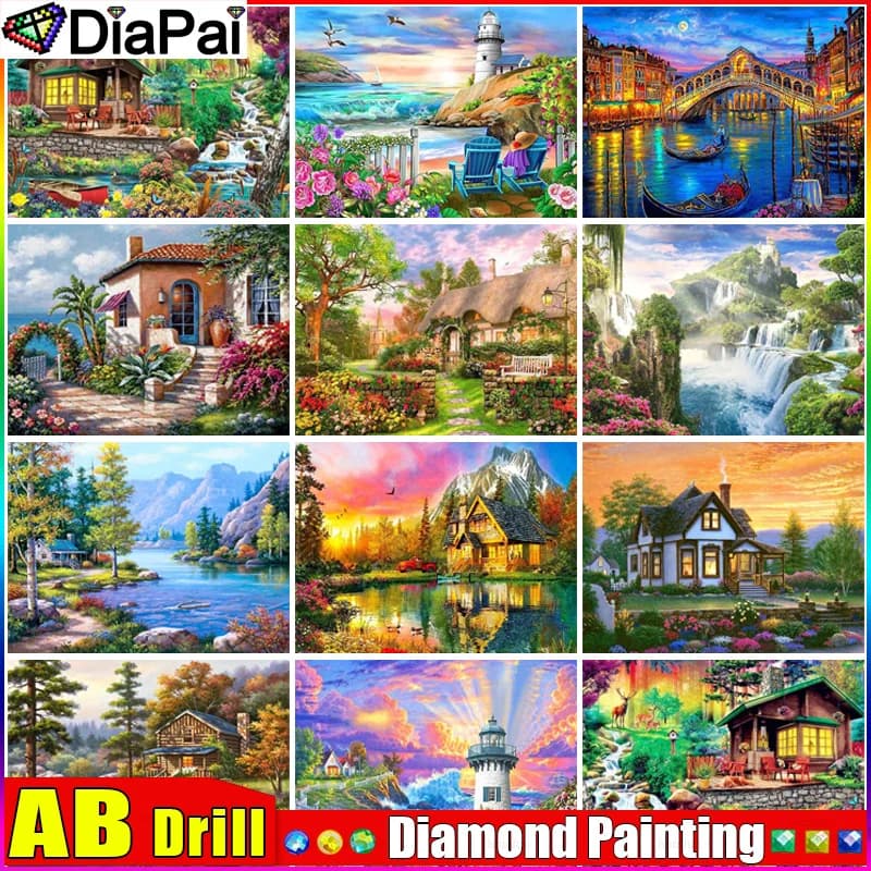 DIAPAI AB "River House Tree" Diamond Painting 5D Full Square/Round Drill Home Decor DIY Diamond Embroidery Cross Stitch
