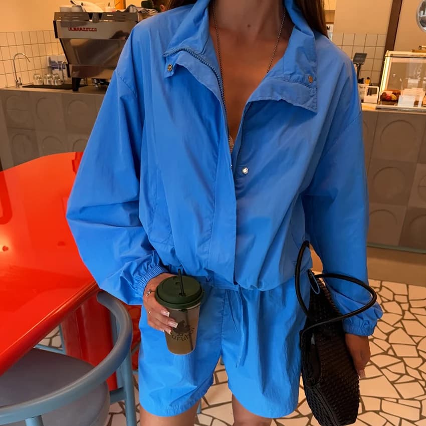 Linad Office Lady Blue Loose 2 Piece Sets Women Casual Single Breasted Lapel Shirts With High Waist Shorts Outfits 2026 Autumn