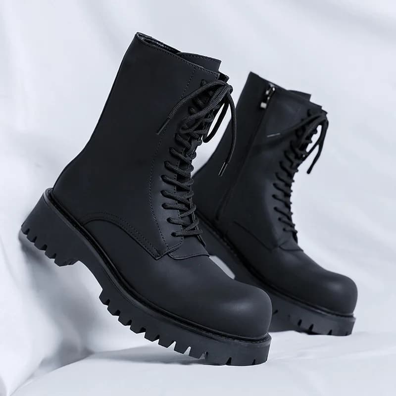 men's fashion high motorcycle boots black stylish platform shoes lace-up genuine leather boot stage nightclub long knight botas