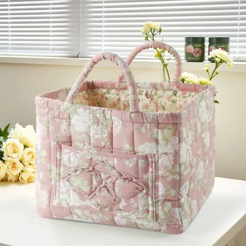 Large Flower Garden Series Quilted Storage Basket, Desktop Snack and Miscellaneous Item Organizer, Large Capacity Laundry Basket