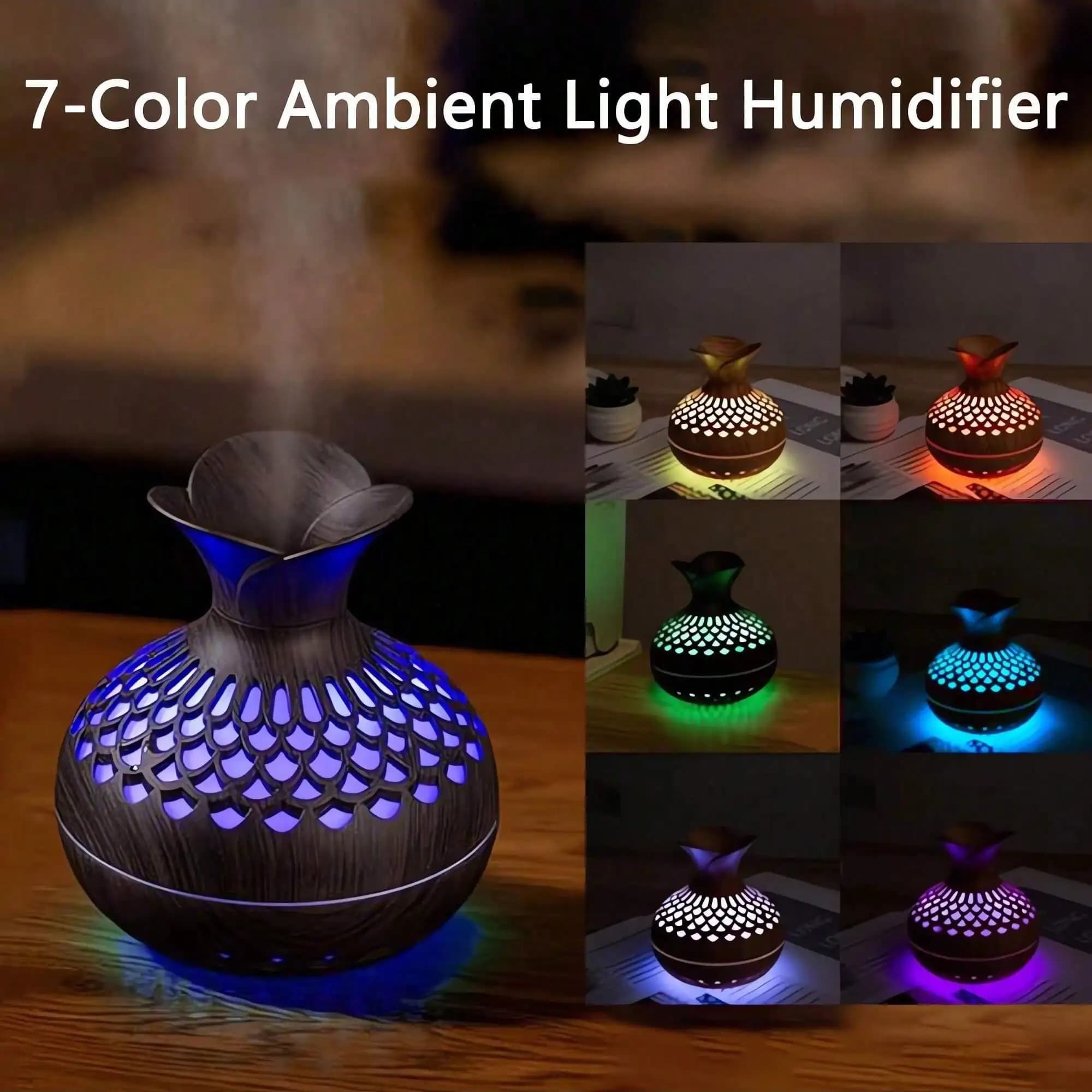 1pc USB-Powered Wooden Grain Flower Humidifier & Desk Lamp - Aesthetic Design, Essential Oil Diffuser, Portable 300ml Air Humidifier, 7 Colors Light Flower Shape Creative Humidifier,Ideal For Home & Office Use