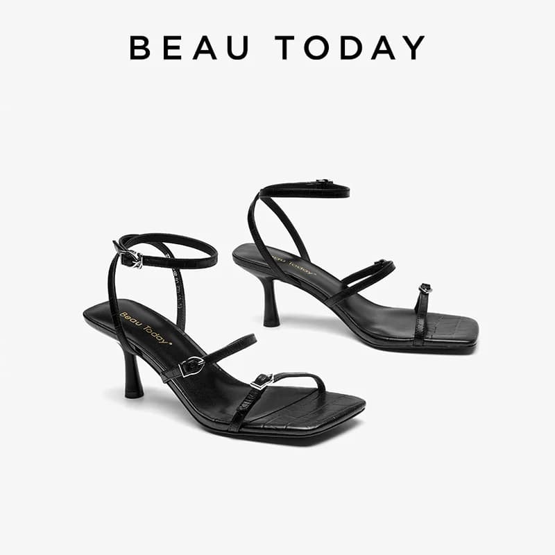 BEAUTODAY Sandali eleganti da donna in vera pelle di mucca tinta unita con punta quadrata e tacco alto con cinturino con fibbia, scarpe da donna fatte a mano 31250