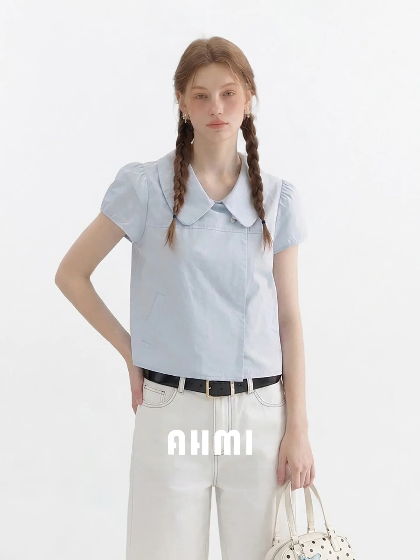 Camicia a maniche corte con colletto a balcone AHMI blu, da donna, nuovo stile estivo, con bottoni laterali, in misto cotone e nylon traspirante, top casual