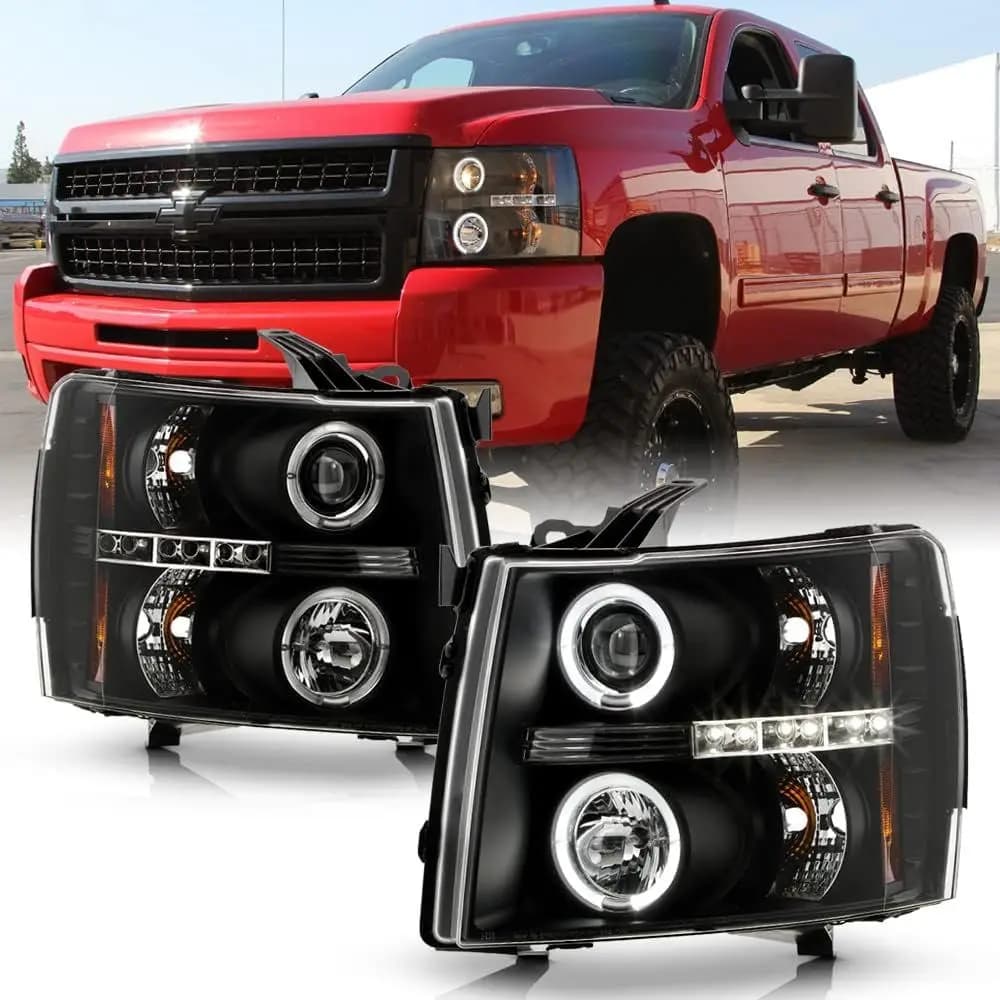 Fari anteriori a LED neri con proiettore Halo per Chevy Silverado 1500 2500 3500 2007-2013, set sinistro+destro