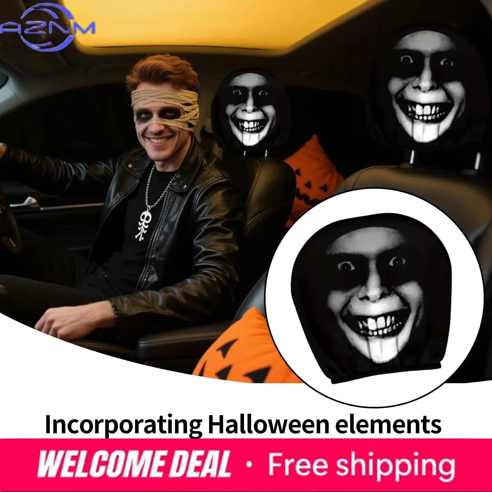 Copri poggiatesta per auto, protezione per poggiatesta del sedile auto di Halloween, accessori per veicoli, decorazioni interne per viaggi in auto nel fine settimana
