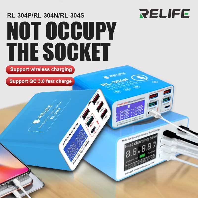 RELIFE RL-304P RL-304N RL-304S Caricatore Lightning con display digitale USB intelligente a 6 porte per IPhone Samsung Huawei MI Vivo Opop piatto