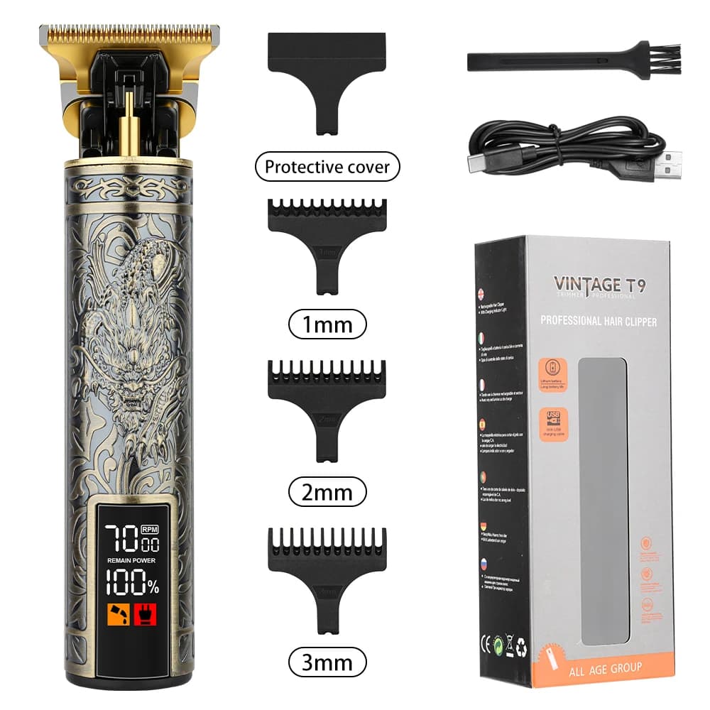 Vintage Dragon T9 Haircuts with LCD Display, USB Rechargeable, T Blade, with Pettini 1/2/3mm Guide for Men's Haircut