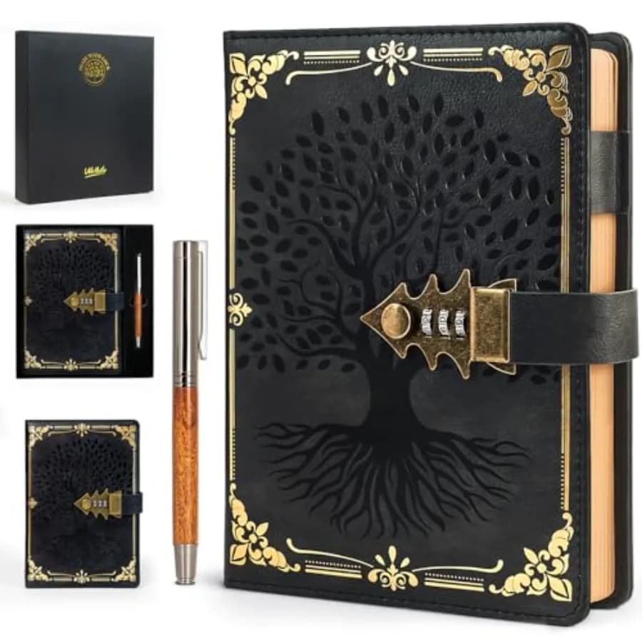 Locked Journal with Pen and Gift Box, A5 260 Pages, Refillable, Hardcover Leather Password Notebook for Writing, Vintage Lockin