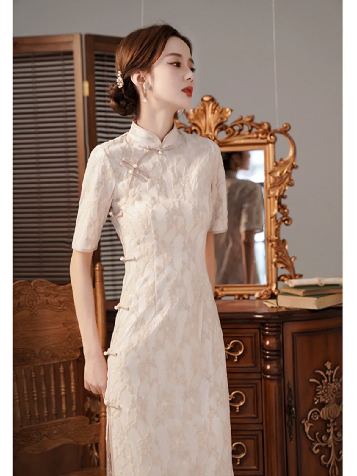 Retro Style Lace Dress Young Girl Elegance Mid-Length Improved Version Daily Wear Summer Season Pure Color Polyester Fiber
