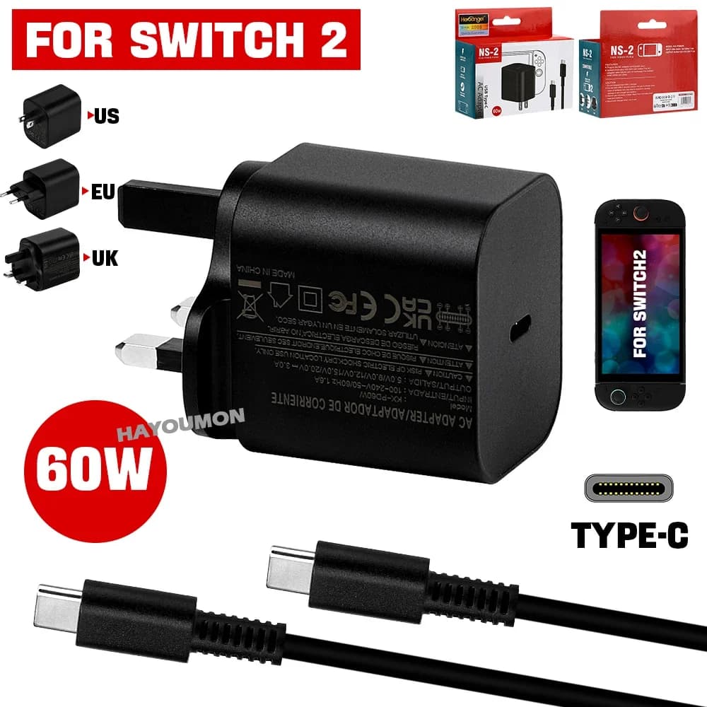 Quick Charger with AC Adapter EU/US/UK for Game Console NS Switch 2, 60W USB Type C Power Adapter with Cable