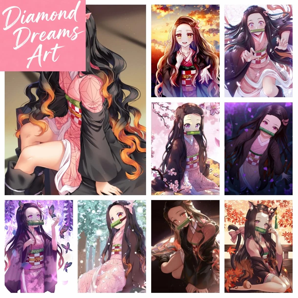 Quadro senza cornice, fai da te, con strass a forma di diamante, a tema Anime Demon Slayer Nezuko, ricamo a punto croce, mosaico, immagine di cartone animato giapponese per letto