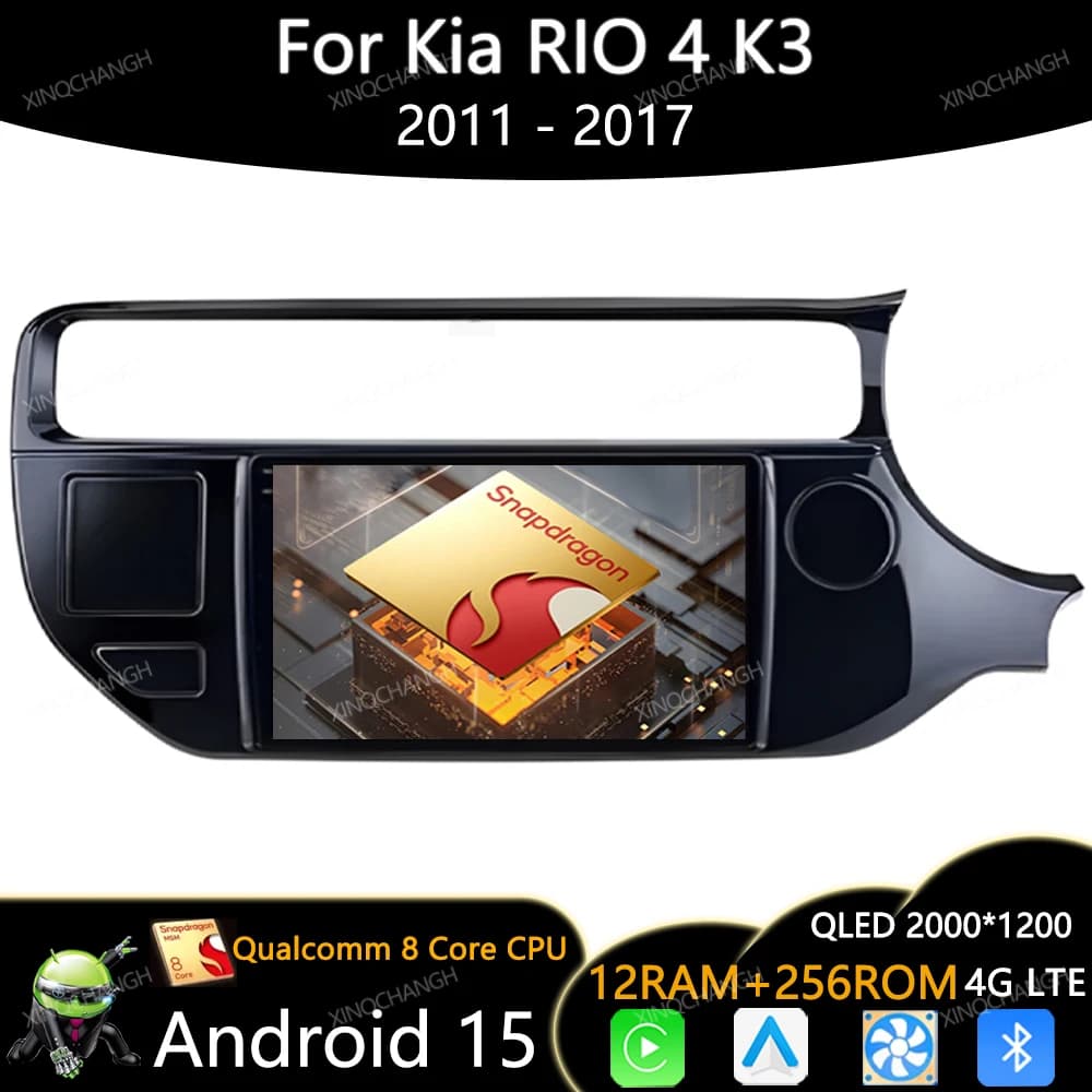 Android 15 Autoradio for Kia RIO 4 K3 2011 - 2015 Carplay Auto QLED Multimedia Stereo Video Player BT 2DIN Qualcomm 4G WIFI GPS