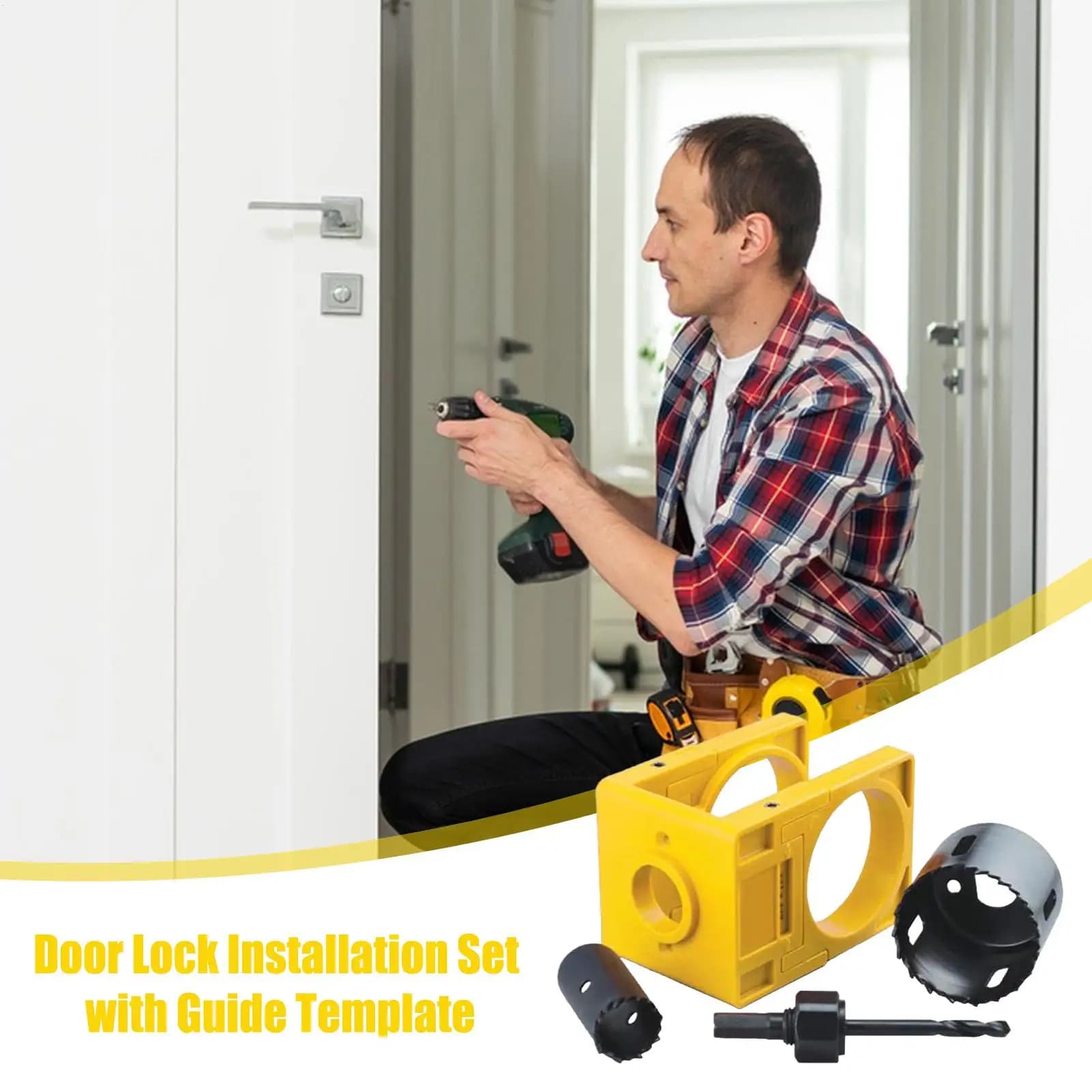 Kit di Foratura per Maniglie e Serrature Porta da 1-3/8" - 1-3/4" con Guida e Set di Utensili per l'Installazione