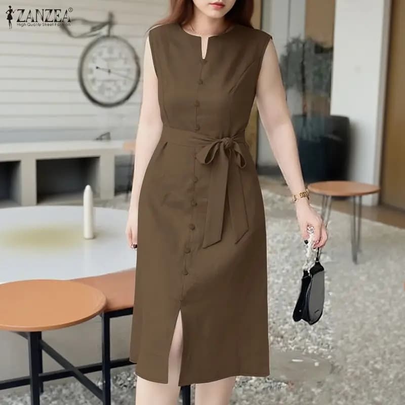Abito Estivo Elegante da Donna con Cintura, Scollo a V, Cuciture a Princesa, Tinta Unita, Senza Maniche, Lunghezza Midi, Vestito Estivo a Canotta, Abbigliamento Donna S-3XL