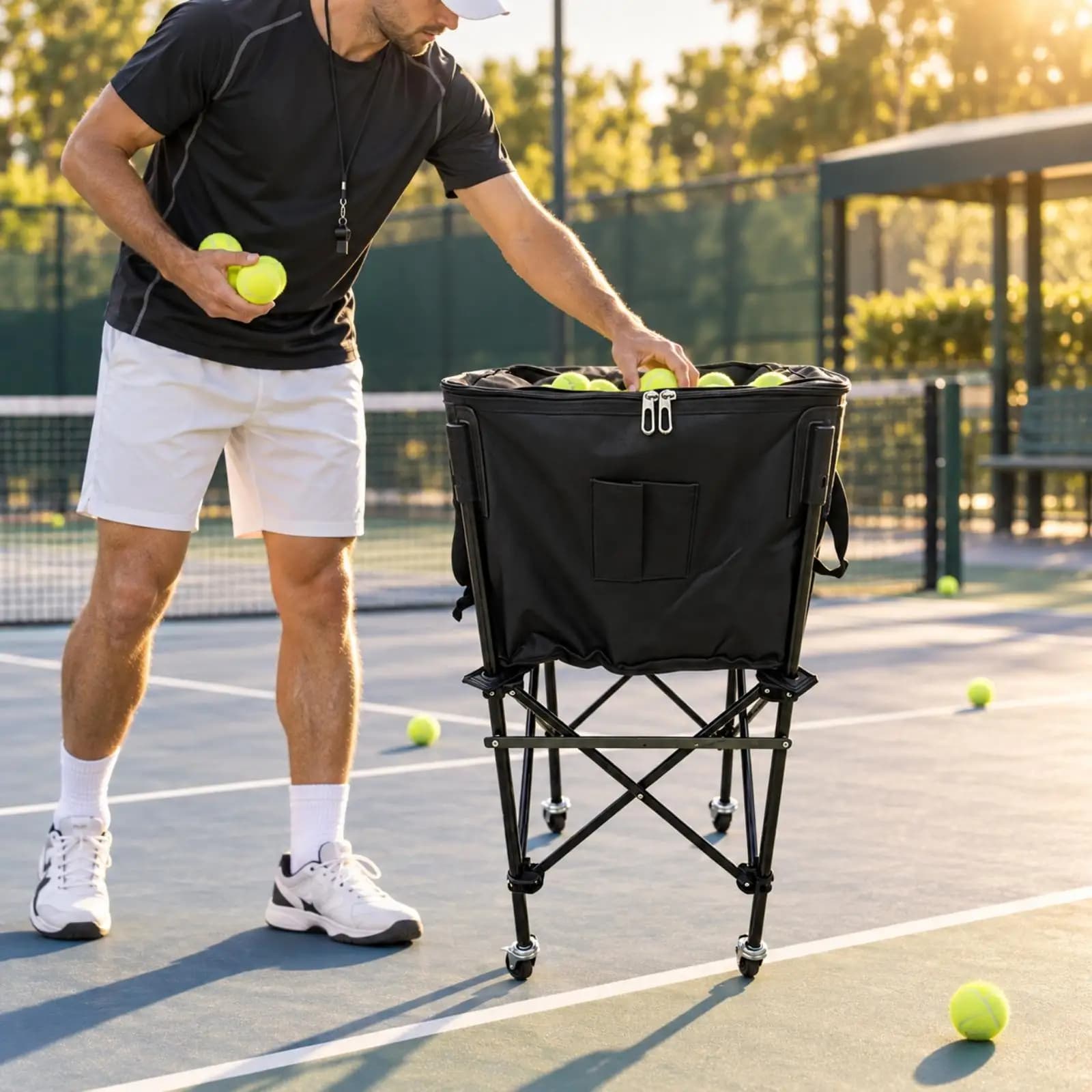 Tennis Ball Cart with Caster Wheels Portable Wheeled Tennis Training Storage Cart Sports Equipment Collapsible Space-Saving