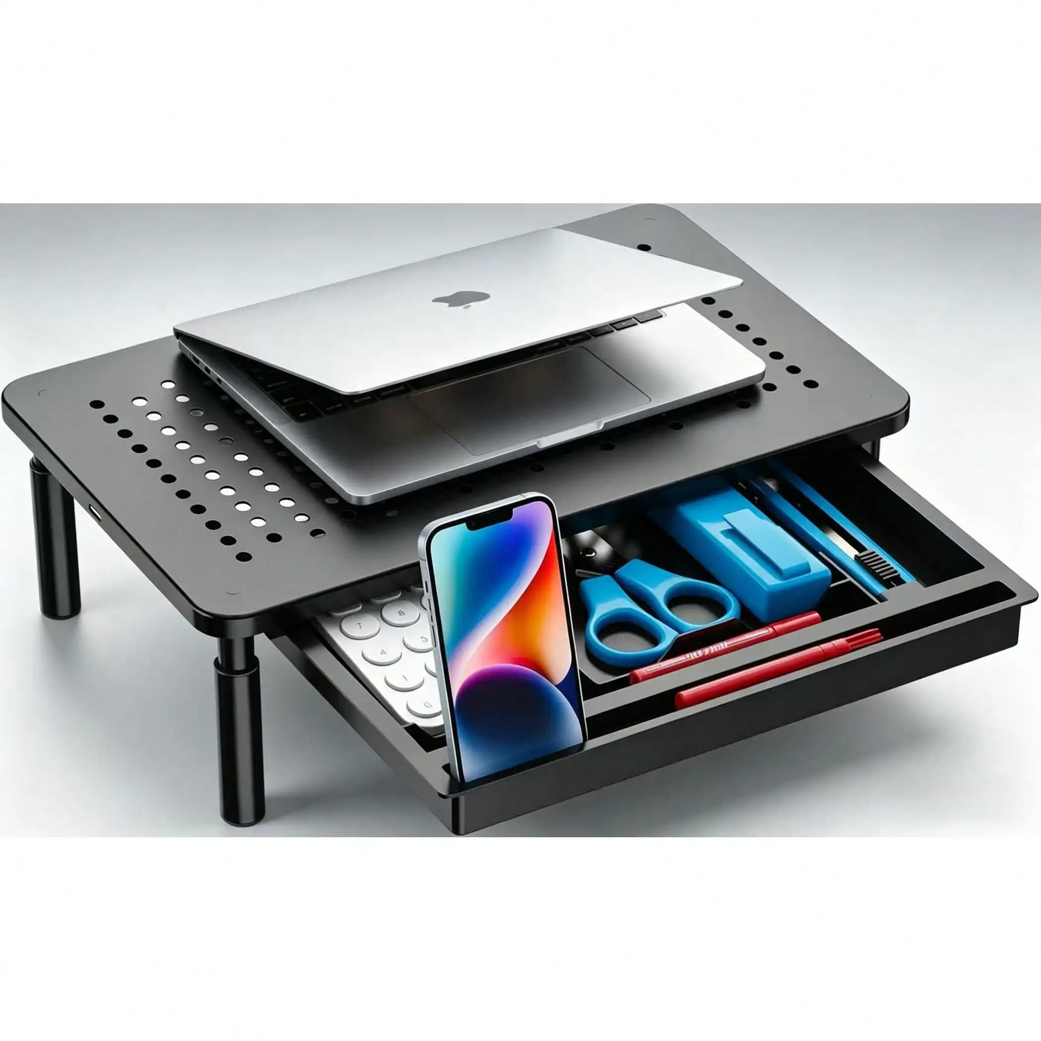 Computer Monitor Stand With Storage, Desk Monitor Riser 3 Height Adjustable, Laptop Riser With Airflow Vents, Desk Organizer For Computer, Laptop, Printer, Notebook , 1 Pack, Black