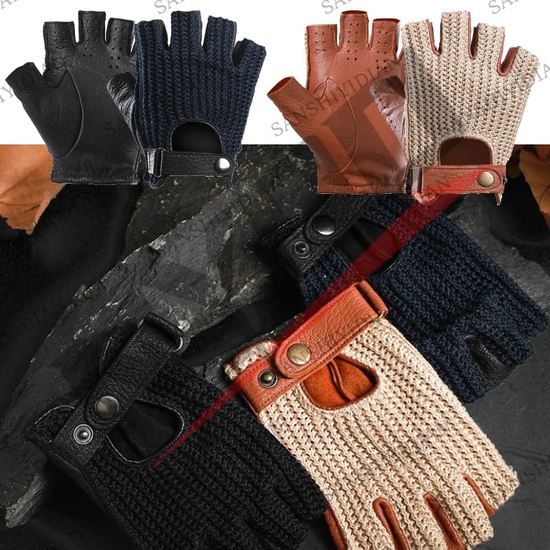Men's Retro Motorcycle Fingerless Leather Gloves for Driving and Riding Knitted Breathable Half-Finger Gloves
