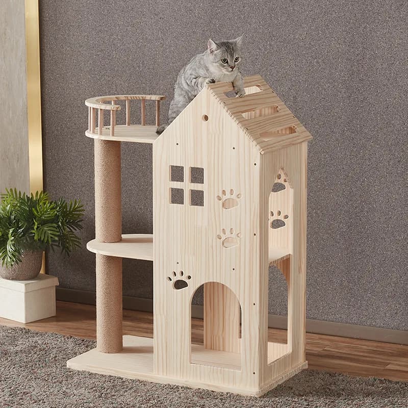 Grande albero per gatti in legno con tiragraffi - Parco giochi di lusso con torre pieghevole a condo multilivello | Mobili in stile villa