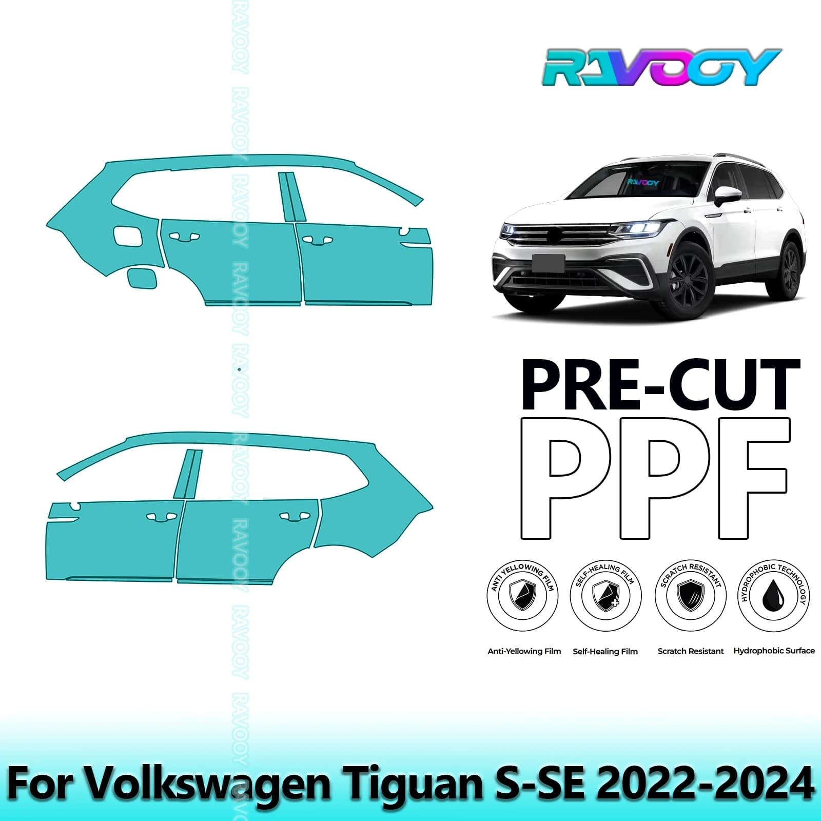 For Volkswagen Tiguan S-SE 2022-2024 8.5mil Transparent Pre-Cut PPF Door and Pillar A/B Kit TPU Paint Protection Film Set