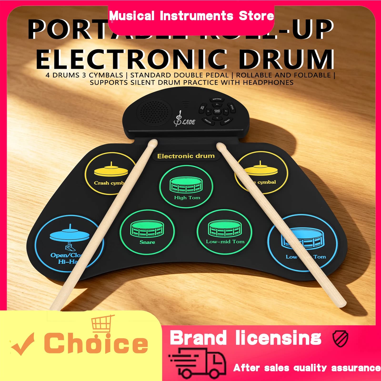 SLADE Hand Drum 7 Pads 4 Drumheads 3 Cymbals Built-In Speaker Recording Function SD-7 Portable Suitable For Beginners