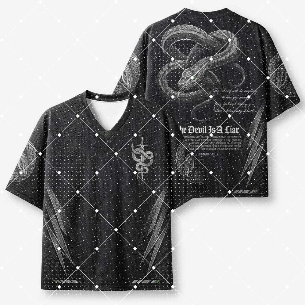 Dark Snake Sword Football Jersey The Devil Is A Liar Bible Verse Print V‑Neck Gothic Black Short Sleeve Sports Tee Top