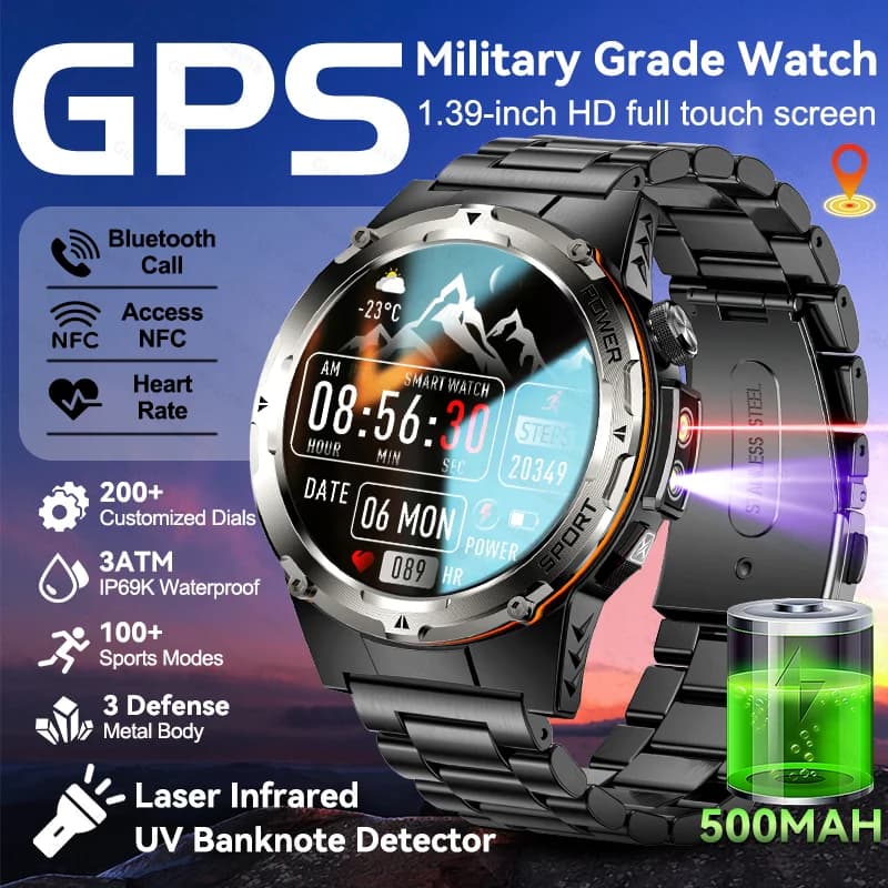 New Military Grade GPS Man Smart Watch 1.39 Inch Waterproof 3ATM Infrared Screen 500mAh Battery NFC Call Bluetooth Smartwatch