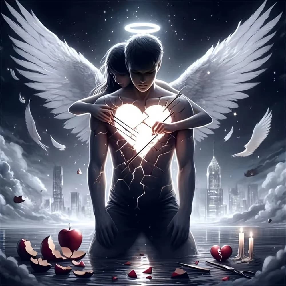 5D DIY Dark Fantasy Angel Couple Diamond Painting, Glowing Broken Heart Romantic Wall Art Picture For Living Room Home Decor