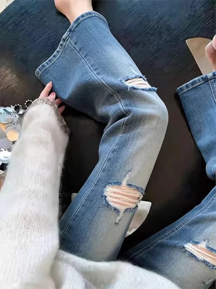 High Waist Loose Fit Casual Women's Jeans Knee-Length Torn Hole Commuter Style Versatile Nine-Piece Pants Summer 2026