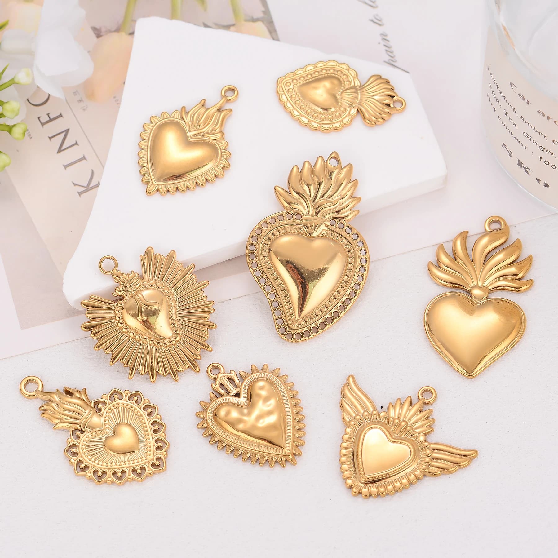10 pz/lotto all'ingrosso grande a forma di cuore pendenti con ciondoli accessori in acciaio inossidabile per realizzare orecchini fatti a mano con collana gioielli fai da te