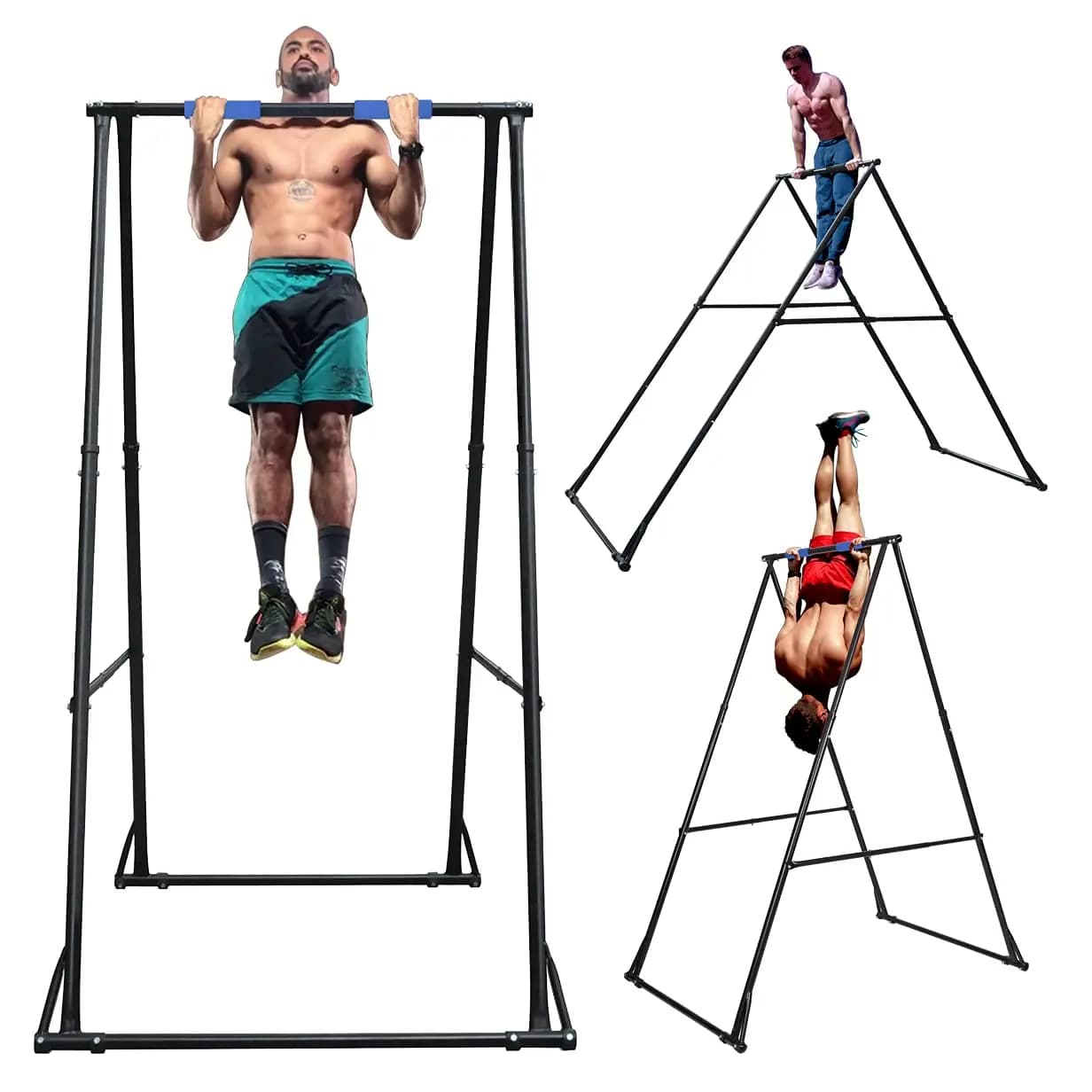 Custom folding training station with self-supporting traction bar, robust tower for strength exercises for home gym and strength training.
