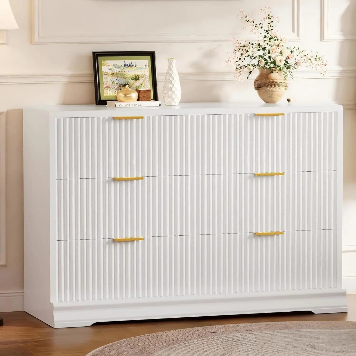 Mobiletto TV con Maniglia in Metallo, Organizzatore con Cassetti in Legno per Camera da Letto, Soggiorno, Corridoio, Legno Naturale (Bianco)