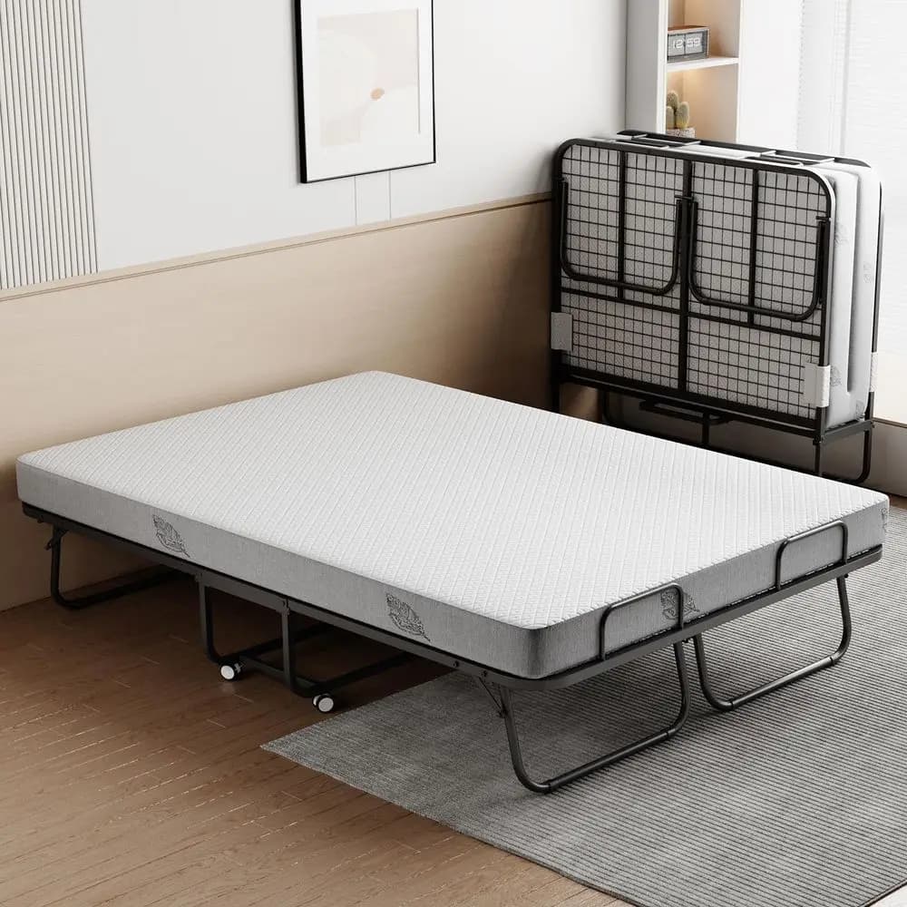 Deluxe Full Size Folding Bed with Mattress with 5inch Memory Foam Mattress on Rollers for Easy Storage with Metal Frame 7554