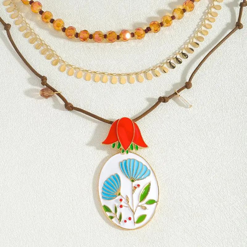 Boho Style Handmade Beaded Multi-layer Alloy Drop Oil Painting Flower Geometric Pendant Necklace For Women Statement Jewelry
