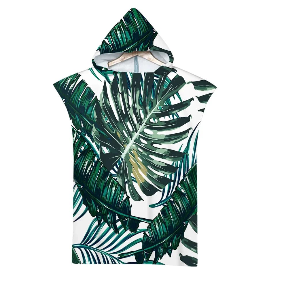 Microfiber beach towel with leaves pattern Cloth with quick drying cap Adult towel Children parent-child Poncho Surf towel