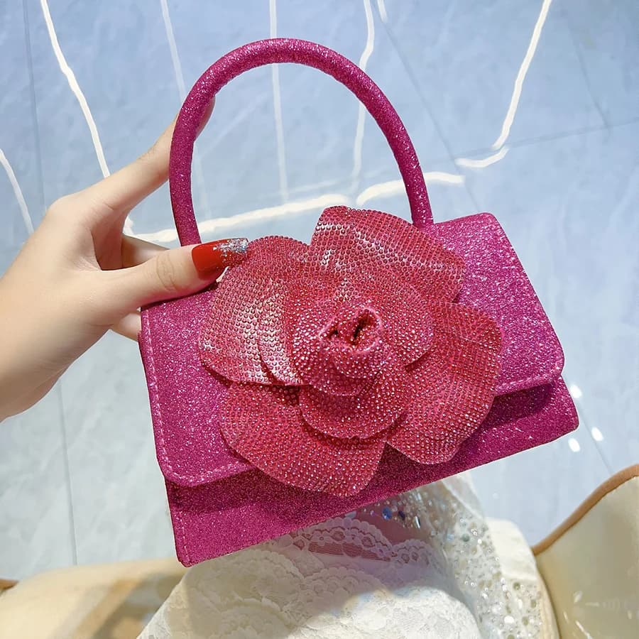 Borsa da sera Borsa da sposa con strass rosa Borsa piccola da sposa Borsa da festa Portafoglio da sposa Pochette a catena floreale da donna Borse quadrate piccole