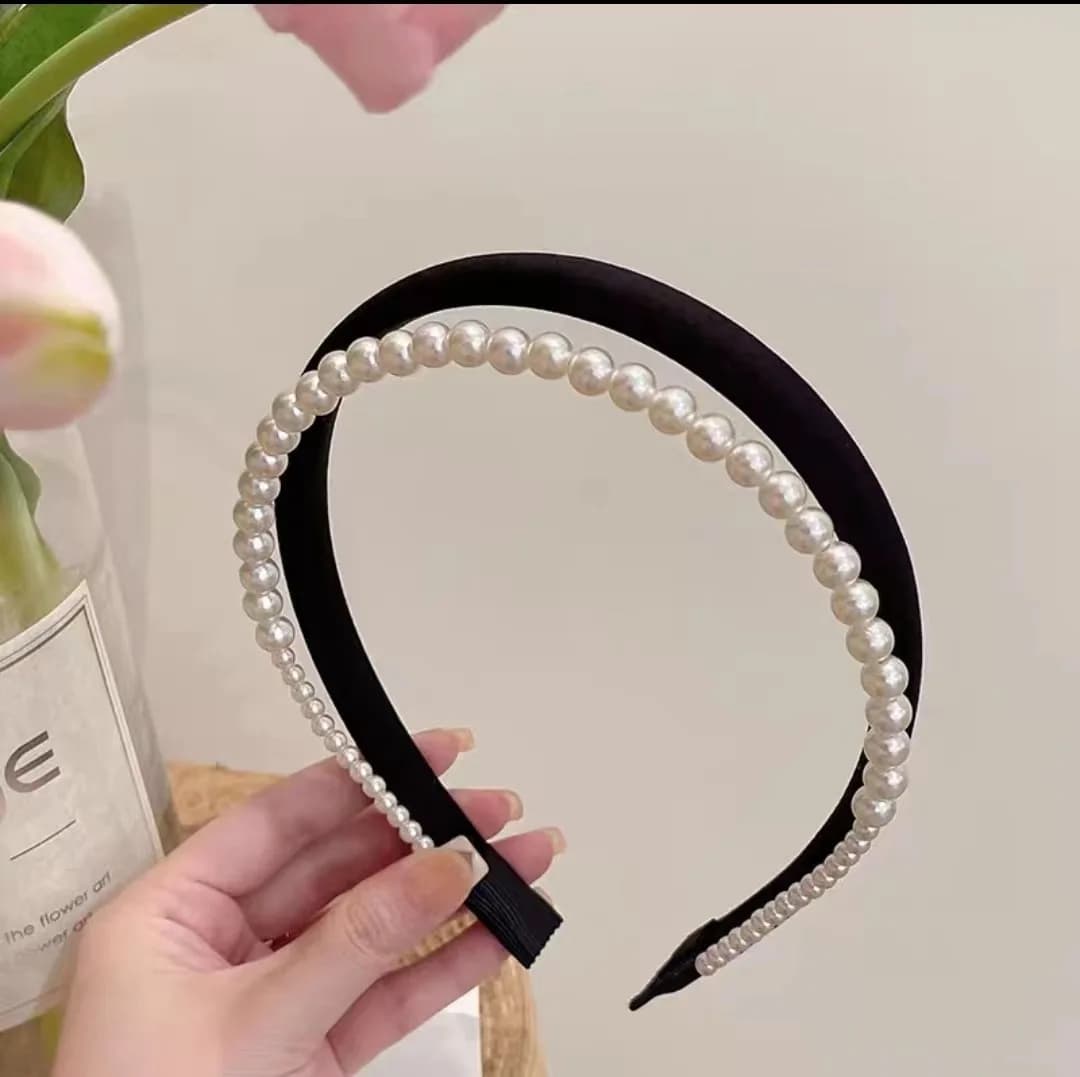 20261Pcs New Narrow Satin Pearl Double-Layer Headband for Women Retro Elegant Black White Pearl Hair Hoop Wedding Hair Accessor